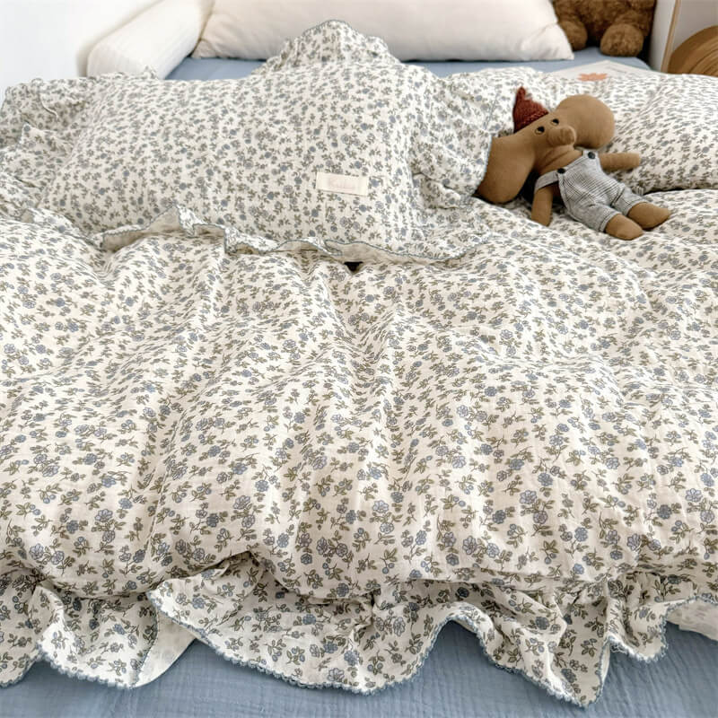 Blue floral ruffled duvet cover set — breathable cotton gauze bedding for kids