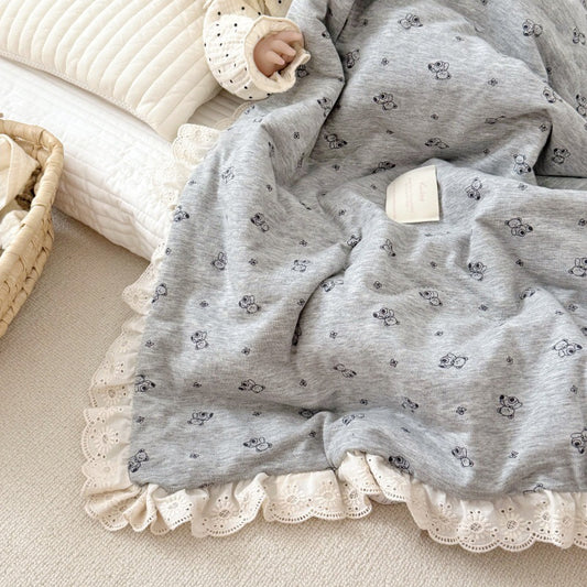 Grey bear cotton jersey baby comforter with lace trim