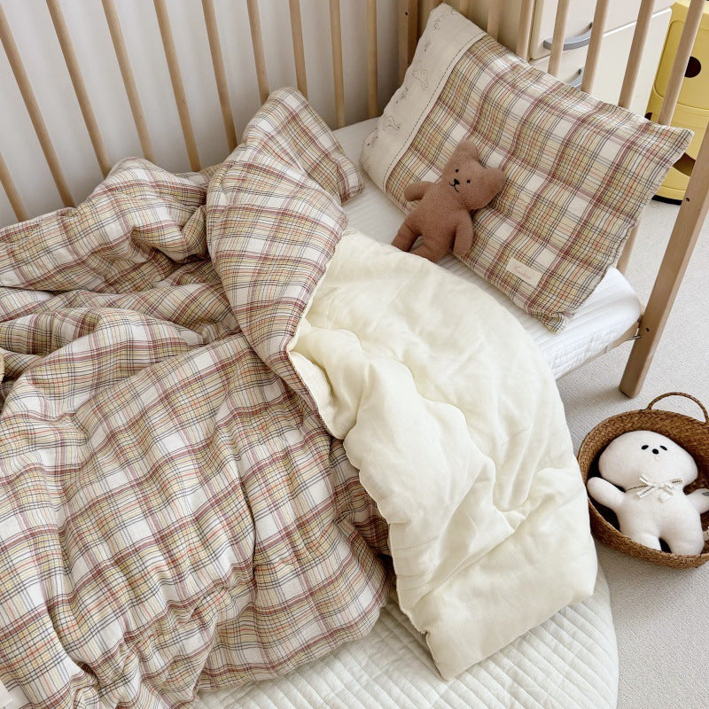 Beige Plaid Kids Comforter Set – Cotton Gauze