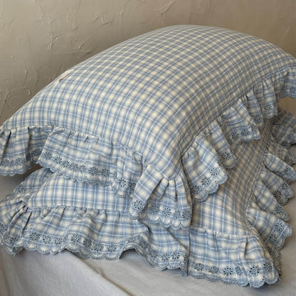 Ruffled pillowcases with floral lace and blue plaid pattern, cotton muslin fabric
