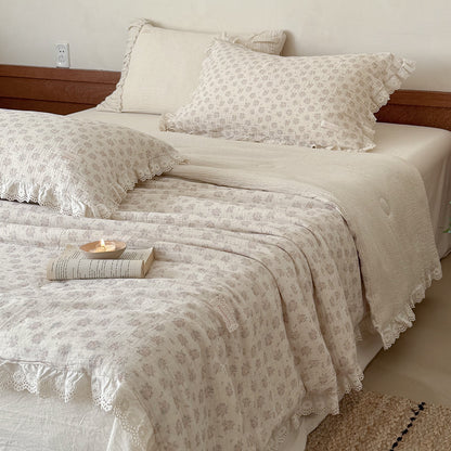 Dusty Pink Floral Comforter with Ruffled Lace Trim