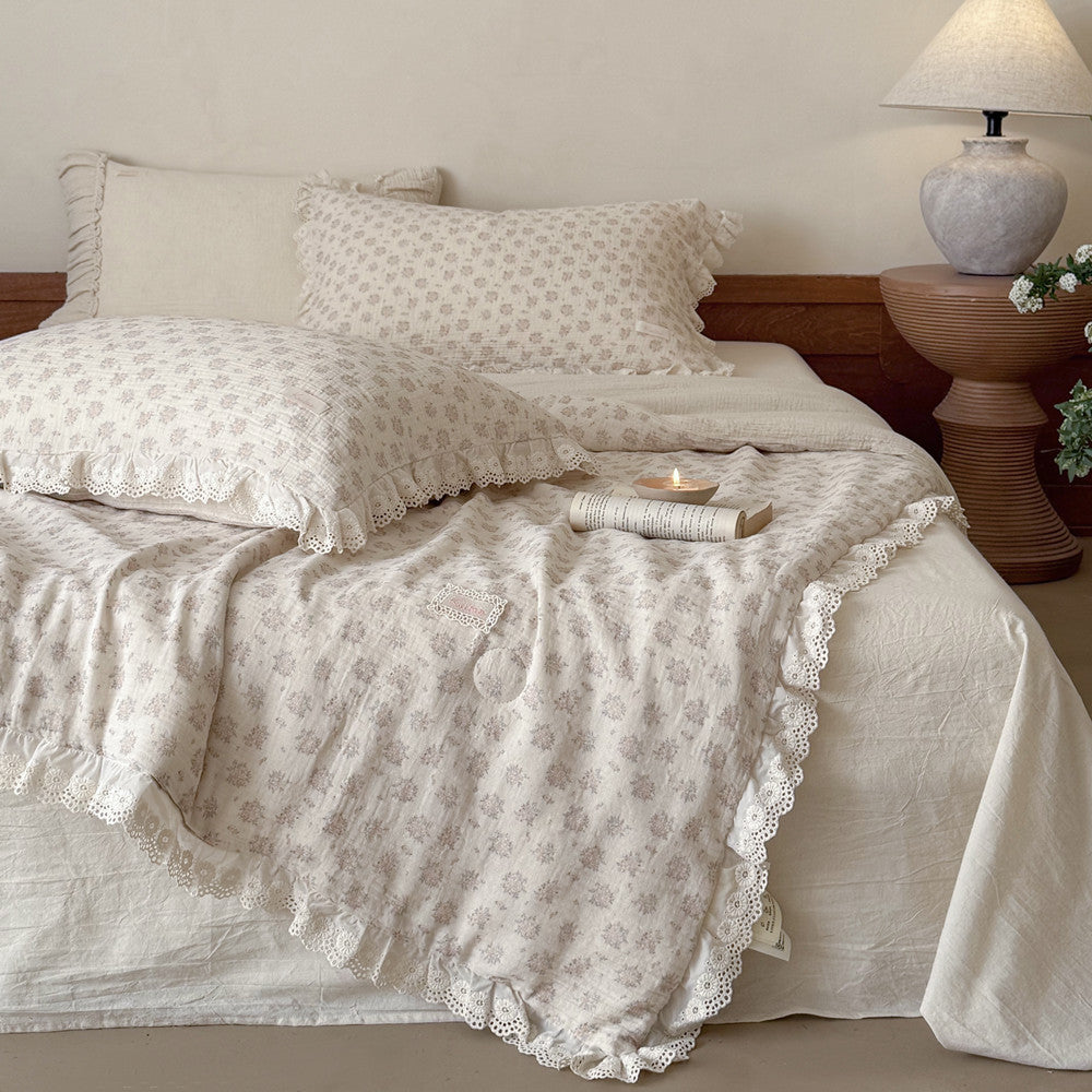Dusty Pink Floral Comforter with Ruffled Lace Trim