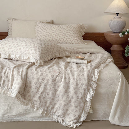 Dusty Pink Floral Comforter with Ruffled Lace Trim
