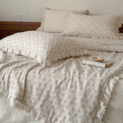 Dusty Pink Floral Comforter with Ruffled Lace Trim