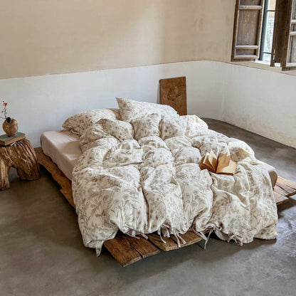 floral cotton bedding set in soft taupe, reversible with tie closures