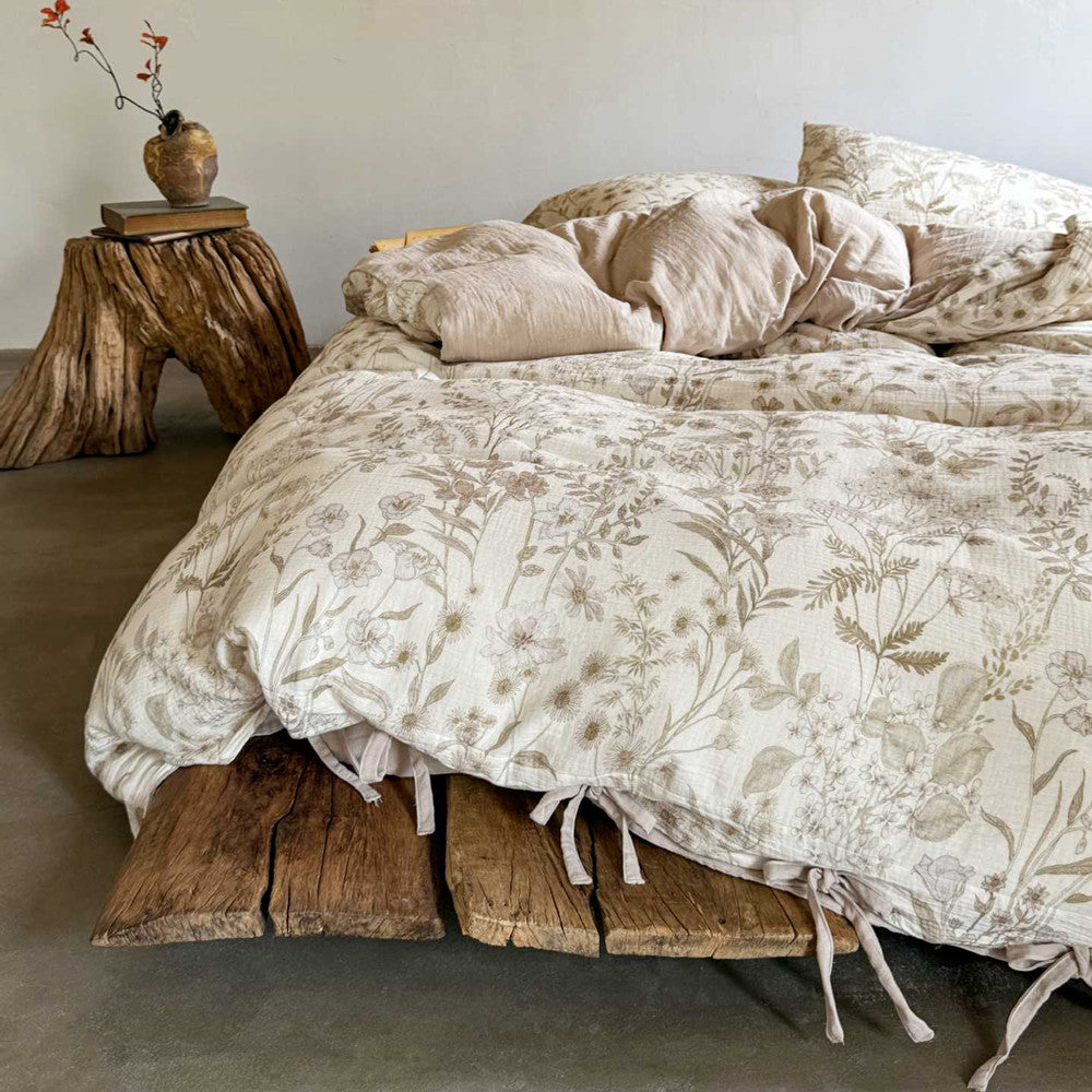 floral cotton bedding set in soft taupe, reversible with tie closures