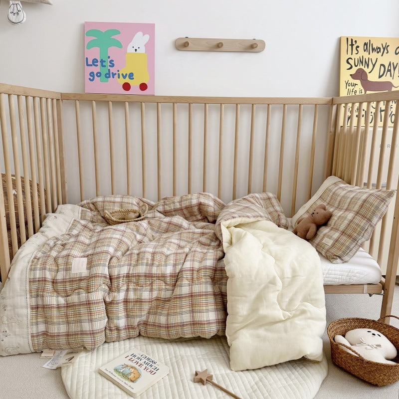 Beige Plaid Kids Comforter Set – Cotton Gauze