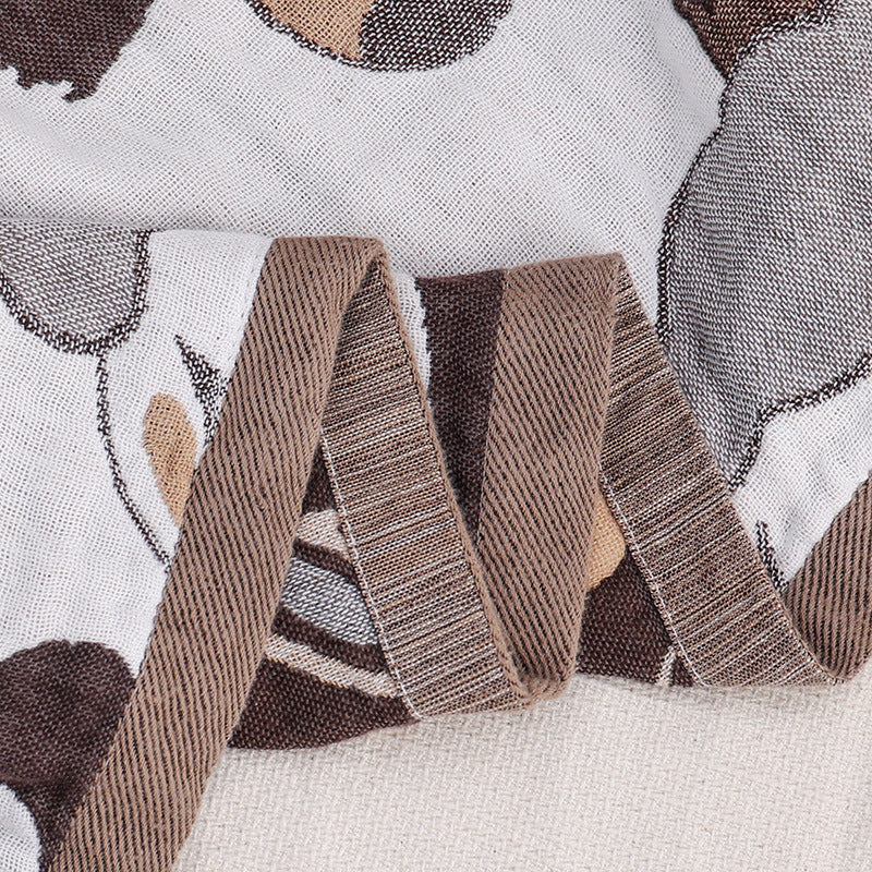 Close-up of blanket edge stitching and jacquard weave in cotton gauze