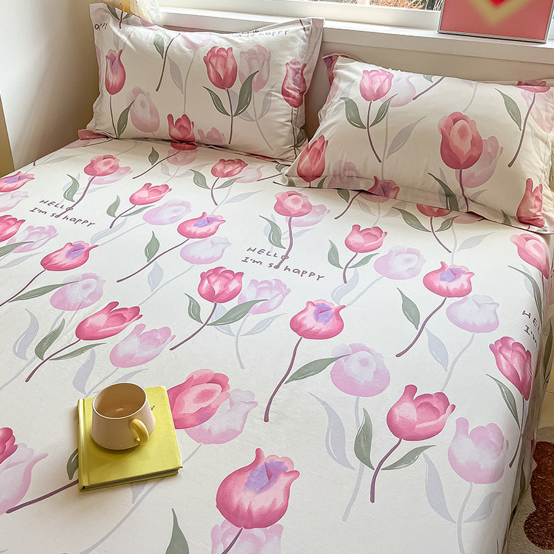 pink floral bed sheet