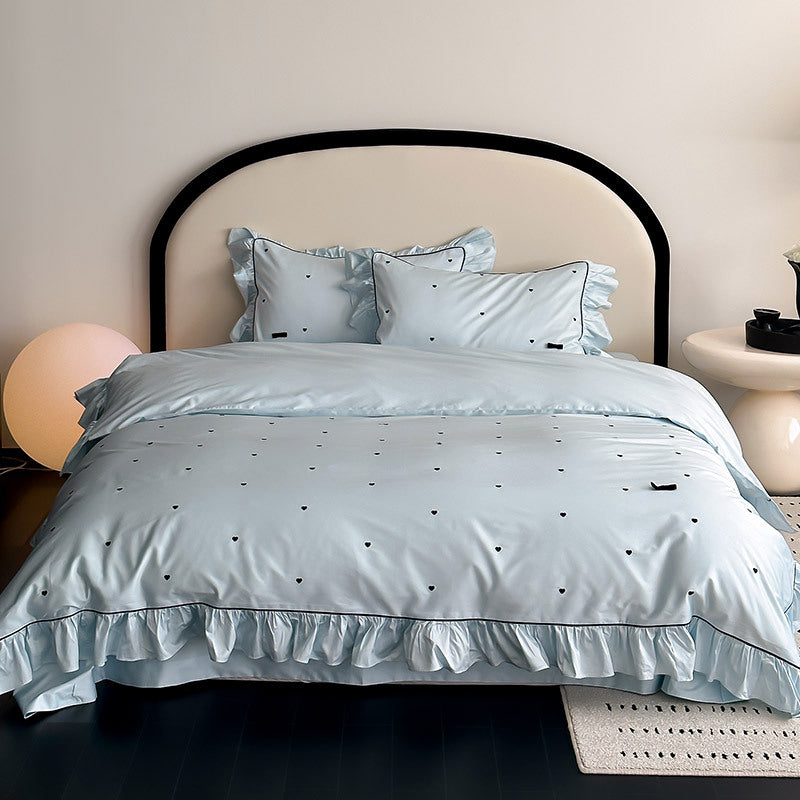 Ruffled Bedding Set with Heart Embroidery – 100s Cotton