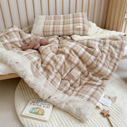 Beige Plaid Kids Comforter Set – Cotton Gauze