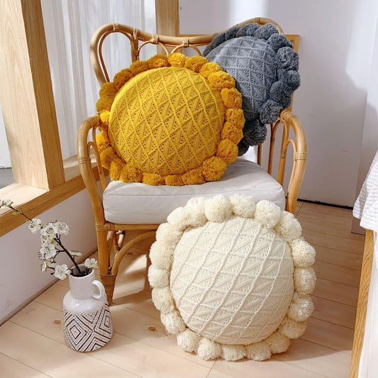 Knitting Sun Flower Pompoms Cushion